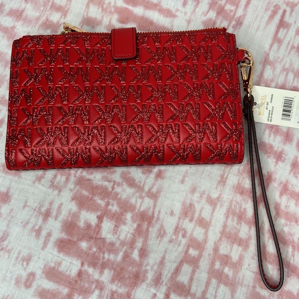 NWT MSRP$198 Michael Kors Jet Set Crimson Glitter Logo Double Zip Wristlet Gift - Picture 3 of 7